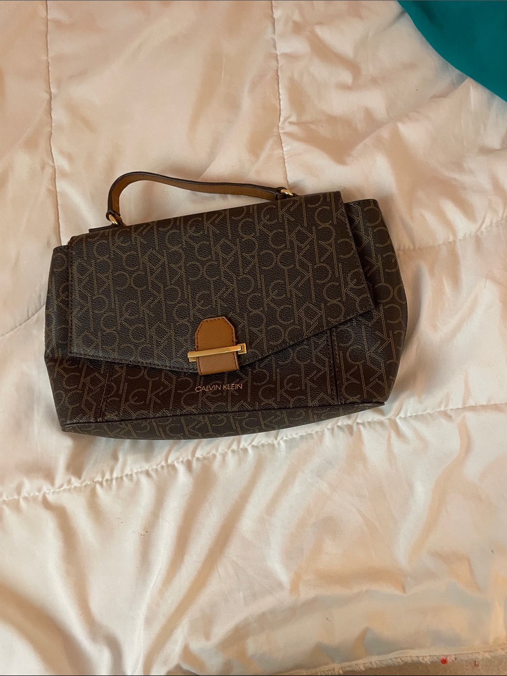 Calvin Klein Brown Monogram Shoulder Bag with Gold Accent
